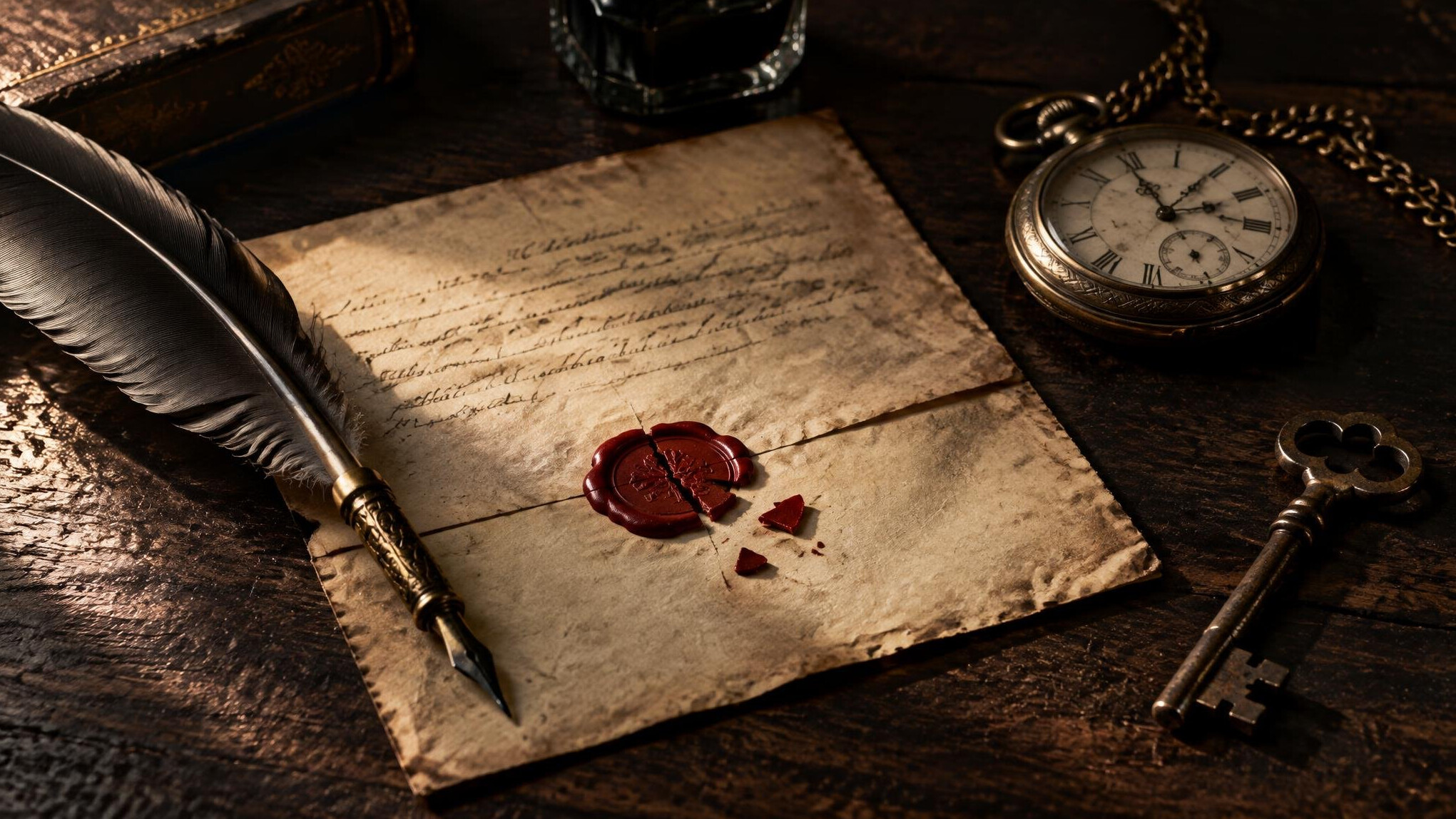 Stara ručno pisana pismo s pečatom od voska i pero na drvenom stolu
